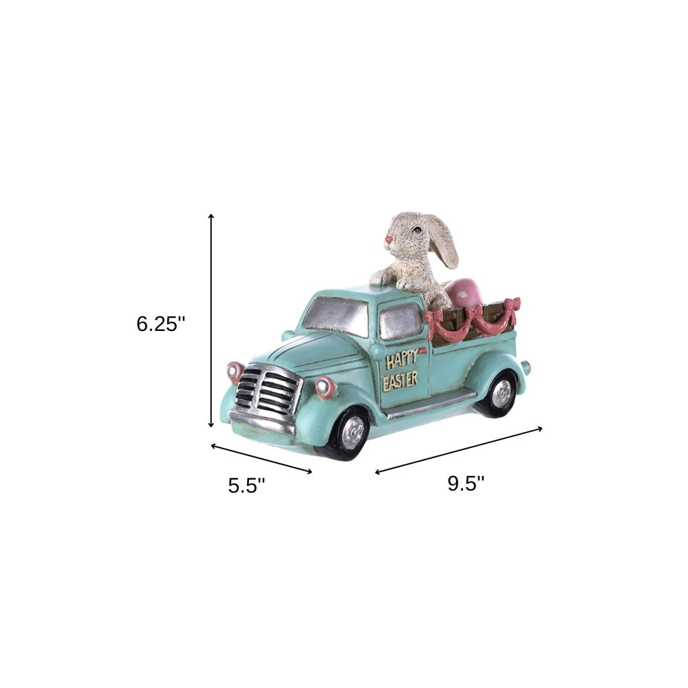 10" Aqua Resin Happy Easter Bunny And Car Figurine