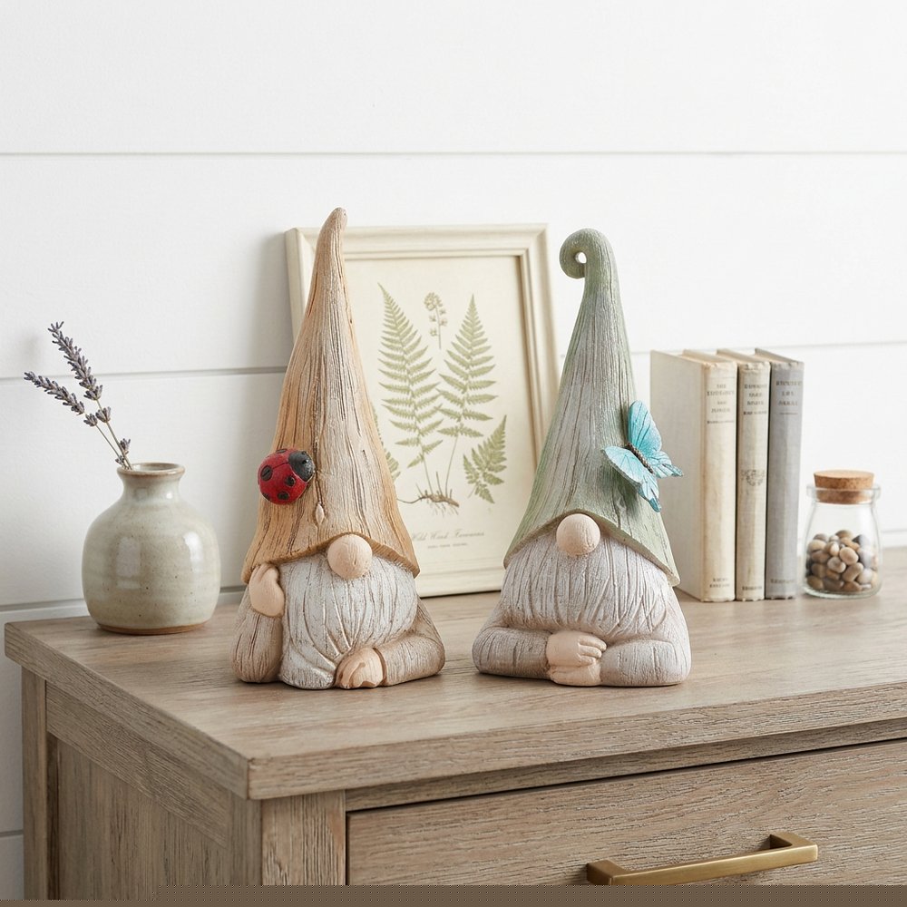 Set of Two Green Ivory And Light Brown Resin Gnome Tabletop Sculptures