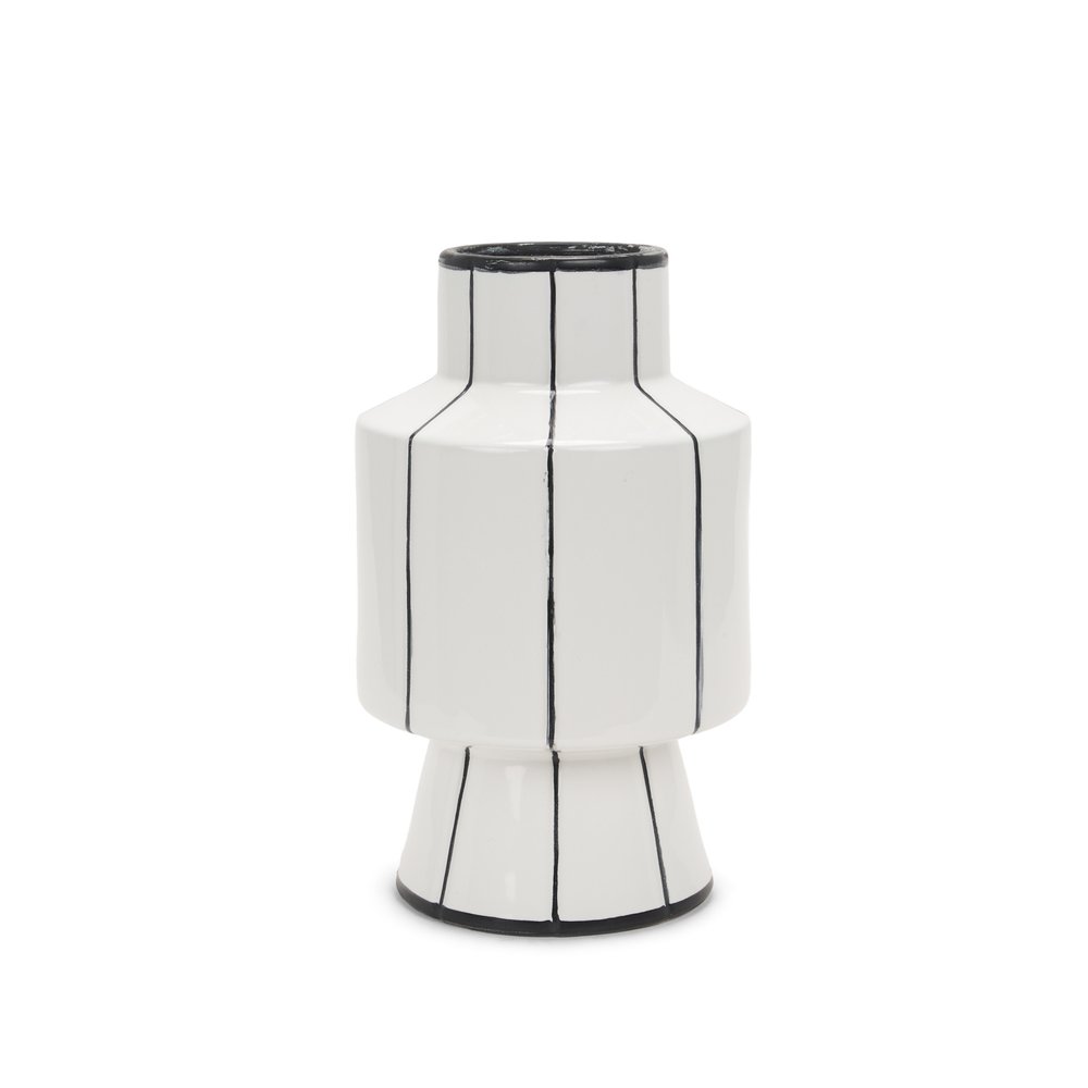 13" White And Black Striped Ceramic Cylinder Table Vase