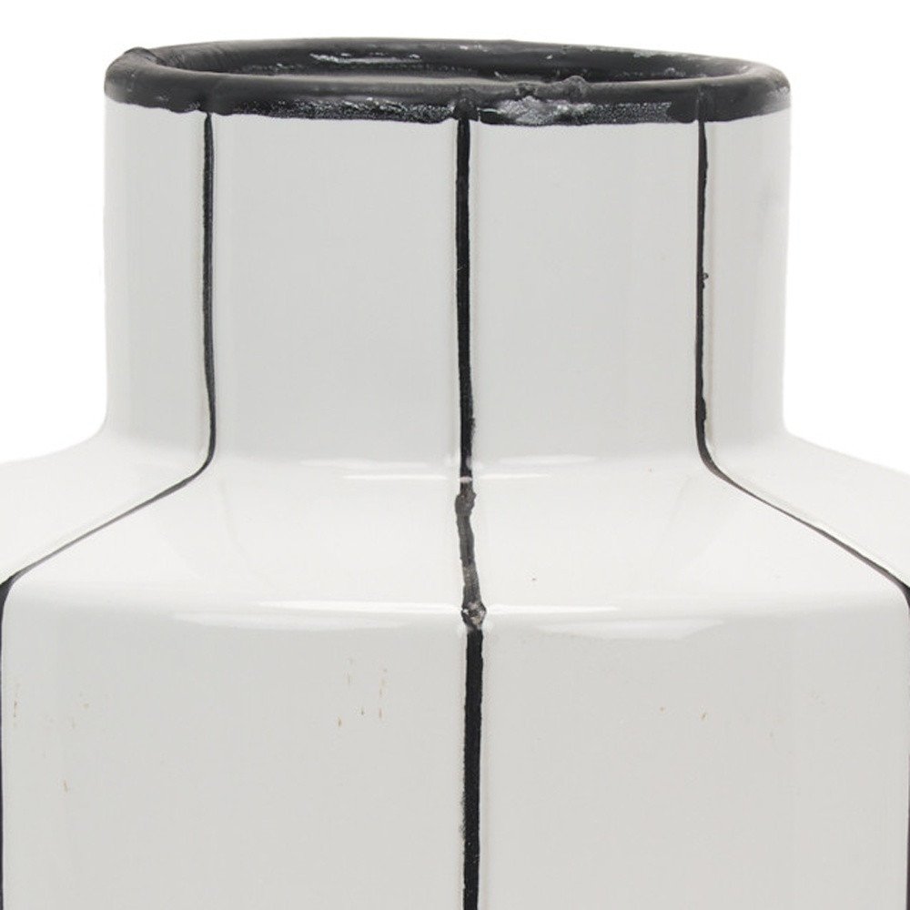 16" White And Black Striped Ceramic Cylinder Table Vase
