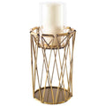 10" Antiqued Brass Distressed Geometric Metal And Glass Tabletop Hurricane Candle Holder