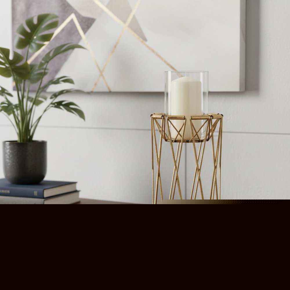 10" Antiqued Brass Distressed Geometric Metal And Glass Tabletop Hurricane Candle Holder