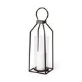 19" Black Distressed Geometric Metal And Glass Tabletop Lantern Candle Holder