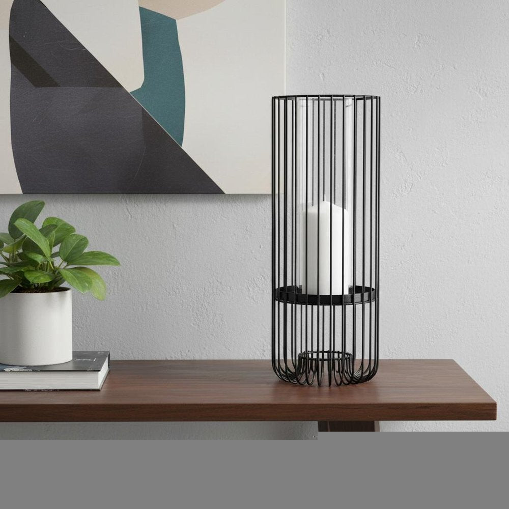 17" Black Abstract Metal And Glass Tabletop Hurricane Candle Holder