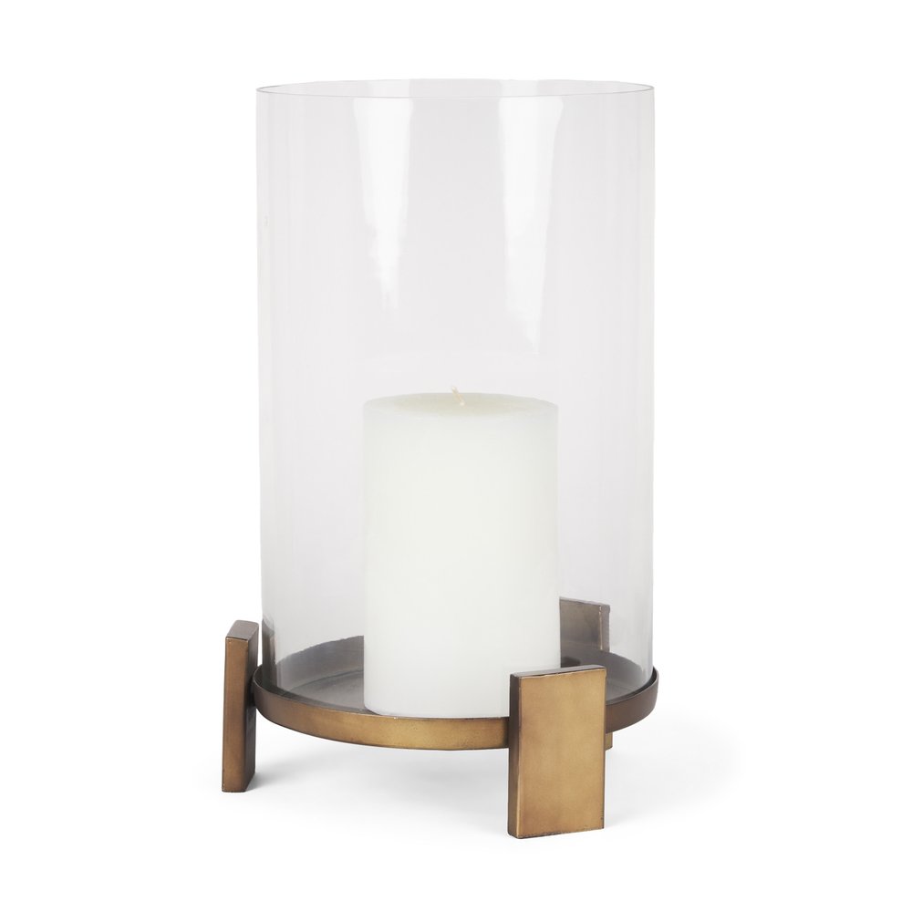14" Antiqued Gold Geometric Glass And Metal Tabletop Hurricane Candle Holder