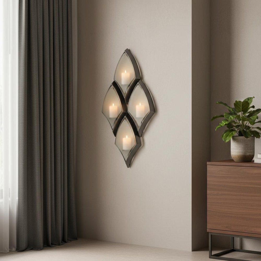 36" Silver And Gray Geometric Glass And Metal Wall Sconce Candle Holder