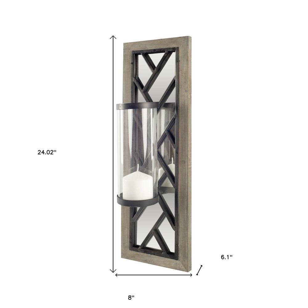 24" Black Distressed Mirrored Metal Glass And Solid Wood Wall Sconce Candle Holder