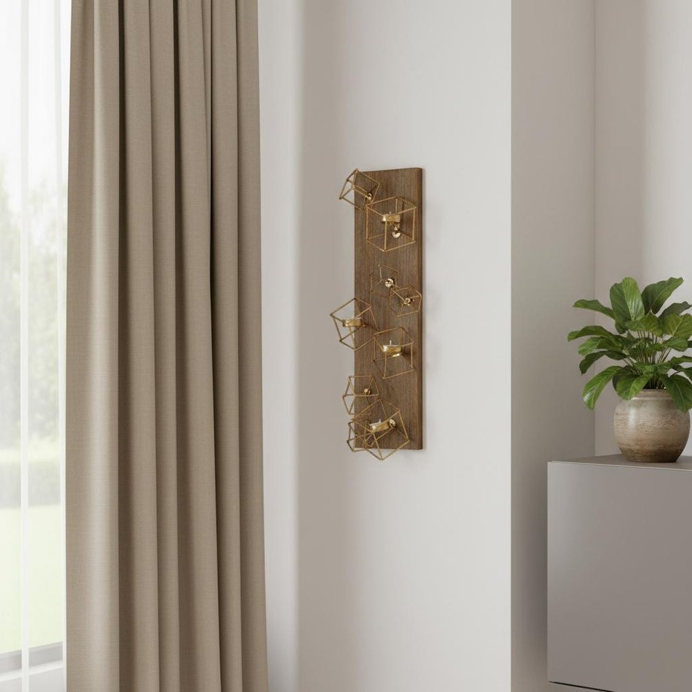 22" Brass Distressed Geometric Brass And Solid Wood Wall Sconce Candle Holder