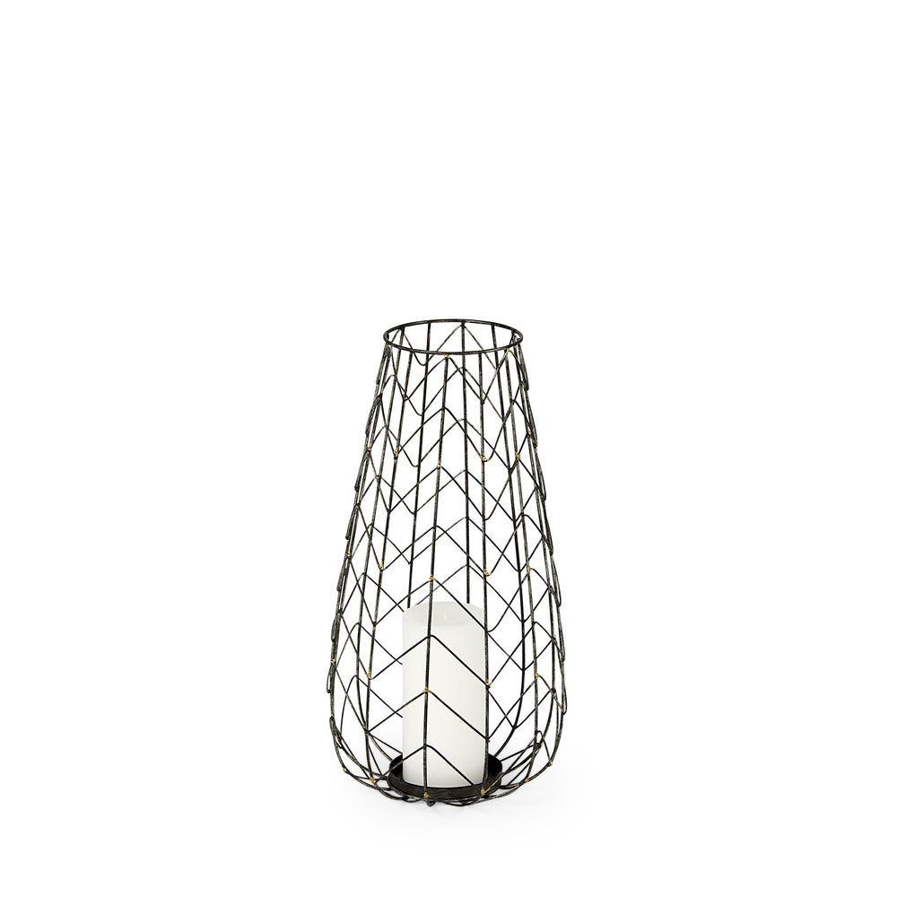 16" Gold Distressed Lattice Metal Tabletop Lantern Candle Holder