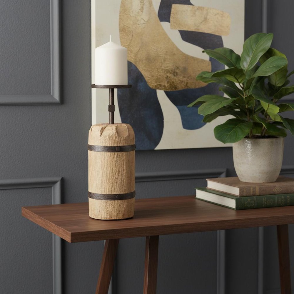 16" Brown Distressed Abstract Solid Wood Tabletop Pillar Candle Holder