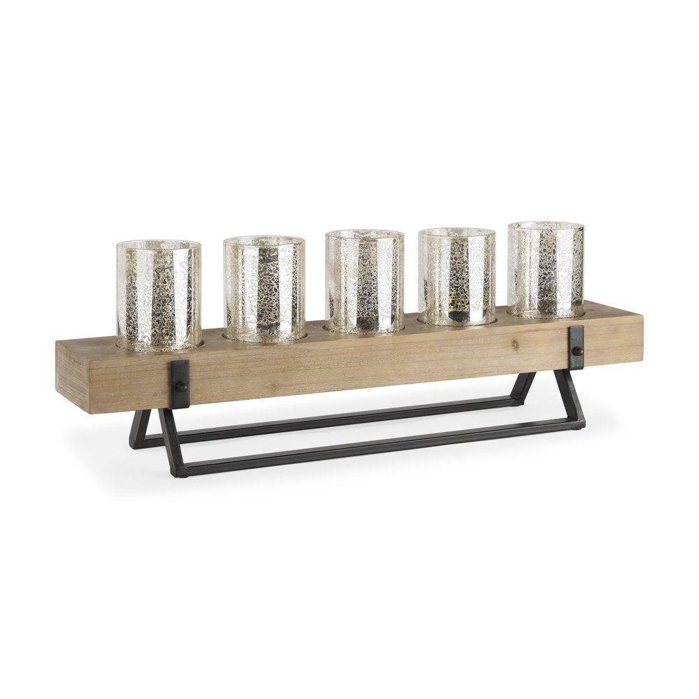 7" Black And Brown Distressed Mirrored Solid Wood Metal And Glass Tabletop Votive Candle Holder
