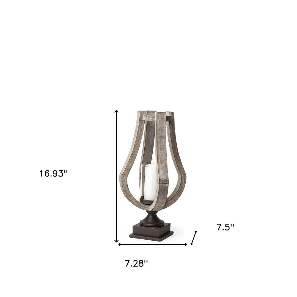 17" Brown Distressed Geometric Solid Wood And Metal Tabletop Hurricane Candle Holder