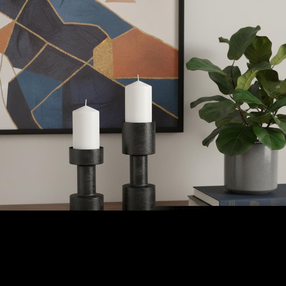 Set of Two Black Distressed Metal Tabletop Pillar Candle Holders