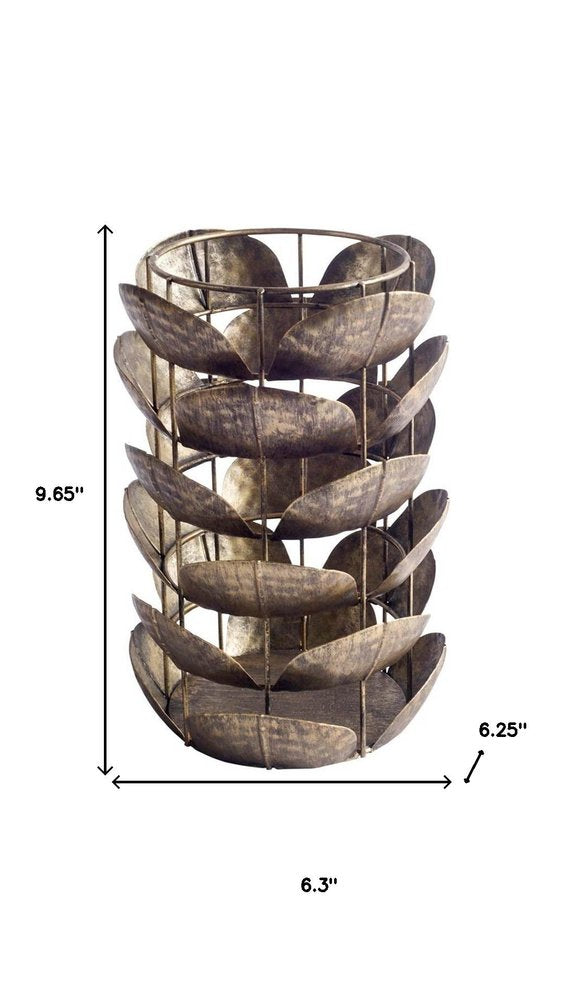 10" Bronze Distressed Botanical Leaf Metal Tabletop Hurricane Candle Holder