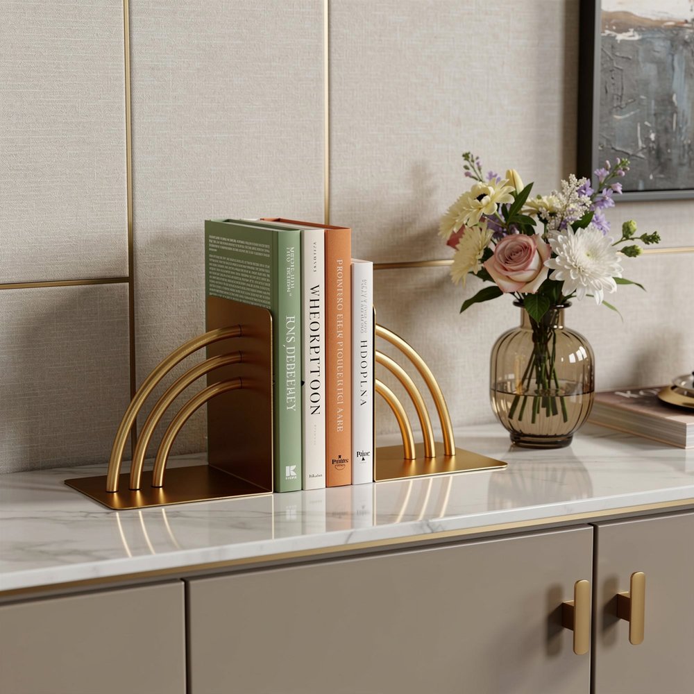 Set of Two Gold Metal Geo Arch Decorative Bookends