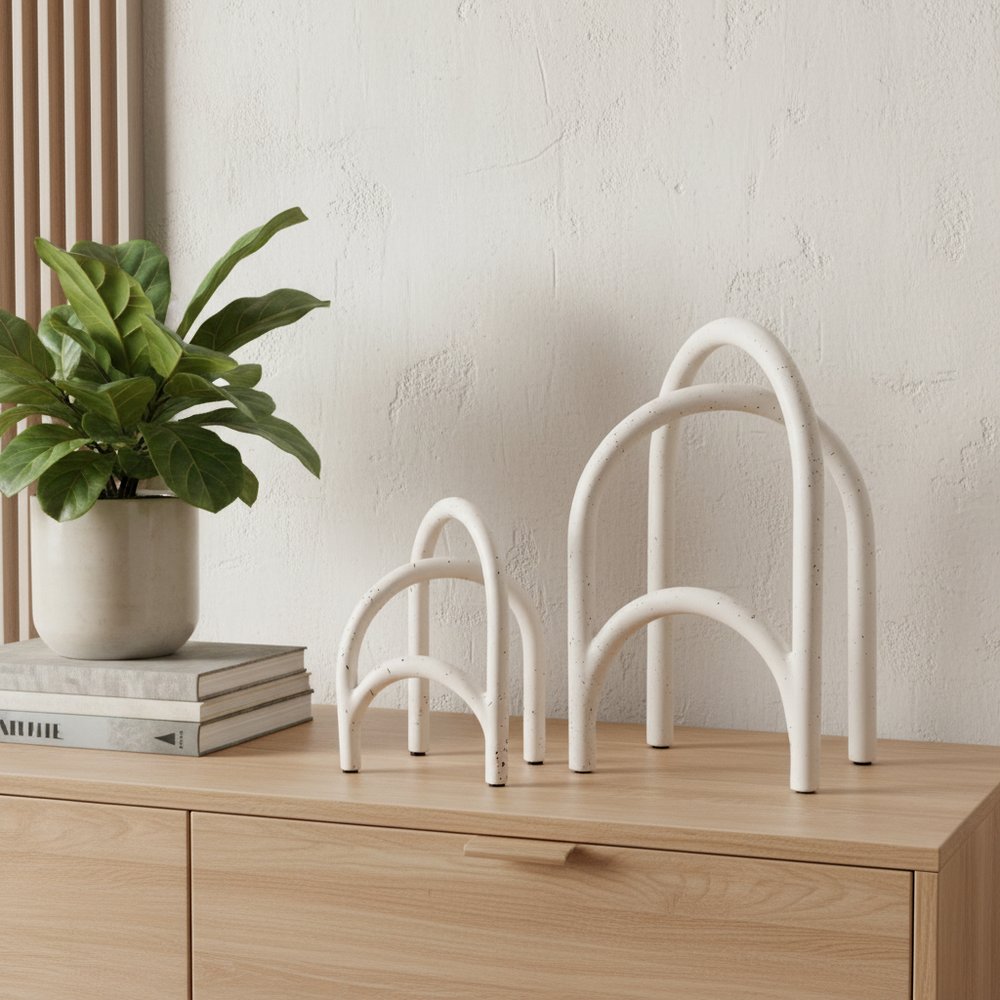 Set of Two White Iron Modern Abstract Tabletop Sculptures