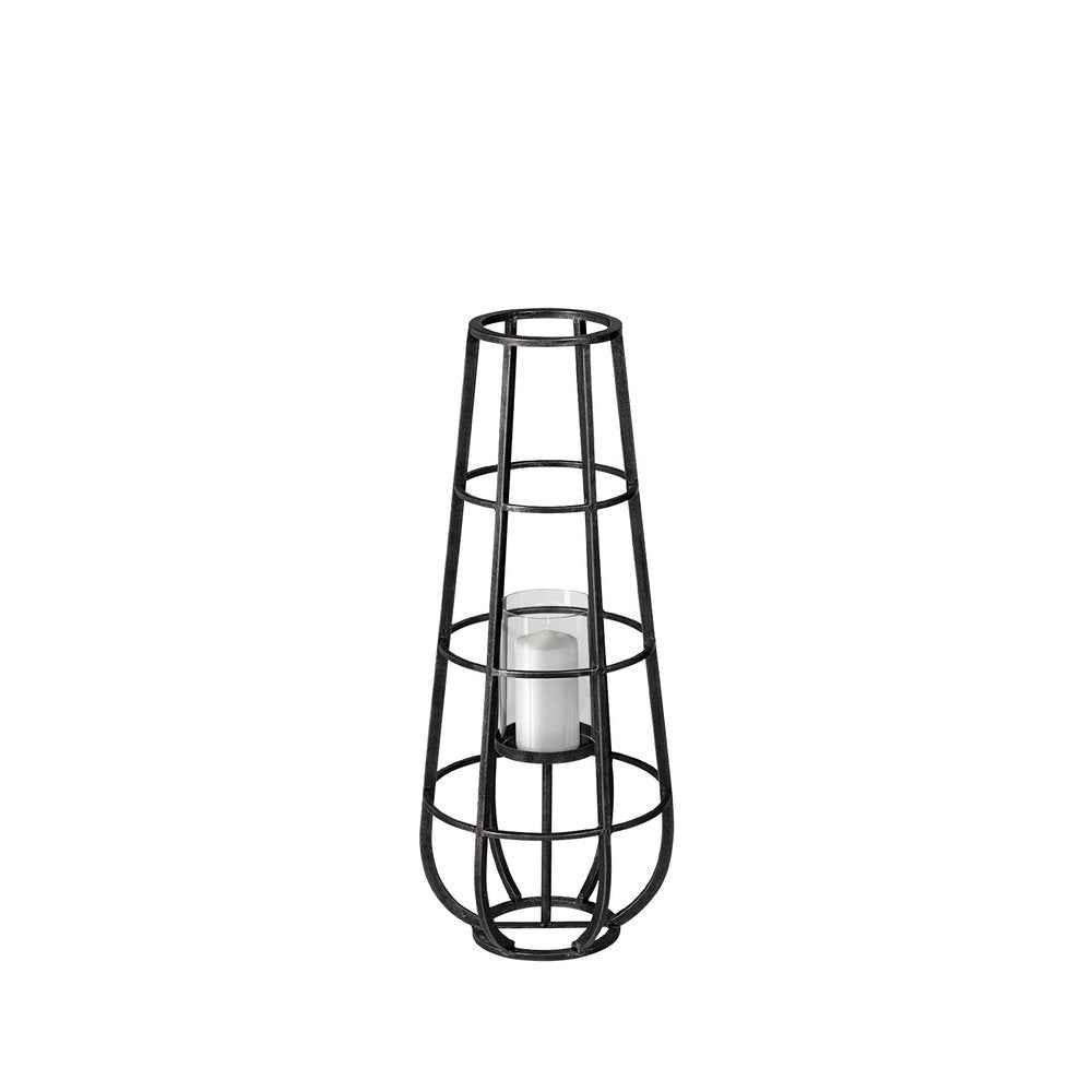 30" Black Distressed Geometric Metal And Glass Lantern Candle Holder