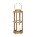 26" Natural And Bronze Distressed Geometric Solid Wood And Metal Tabletop Lantern Candle Holder