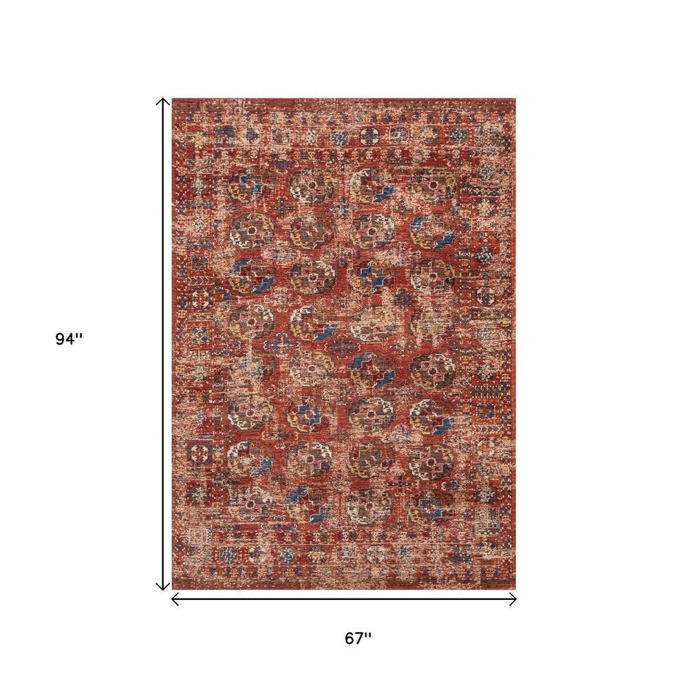 9' X 13' Red And White Tribal Washable Area Rug With UV Protection