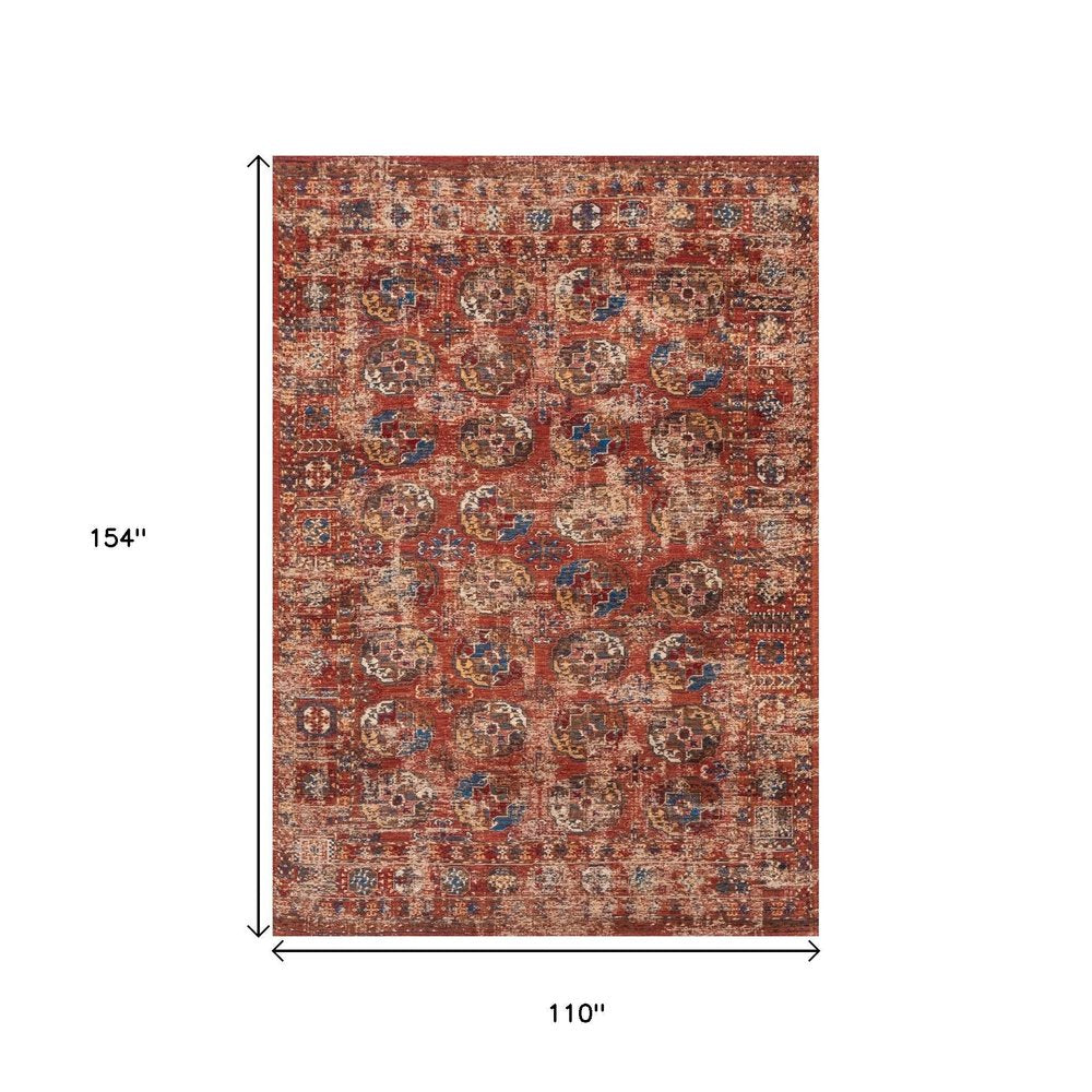 9' X 13' Red And White Tribal Washable Area Rug With UV Protection