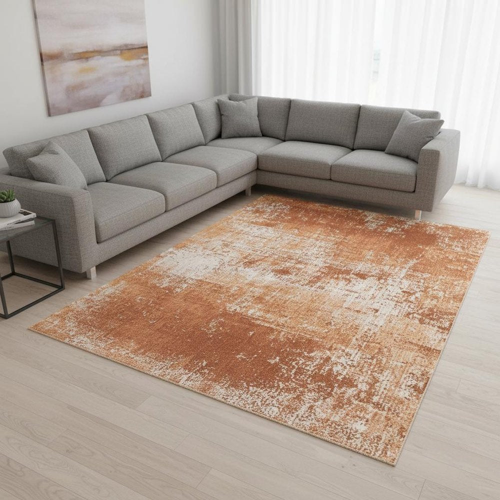 9' X 13' Orange And White Abstract Washable Area Rug With UV Protection