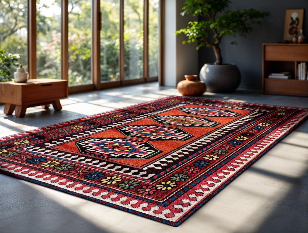 9' X 13' Red And Orange Tribal Washable Area Rug With UV Protection