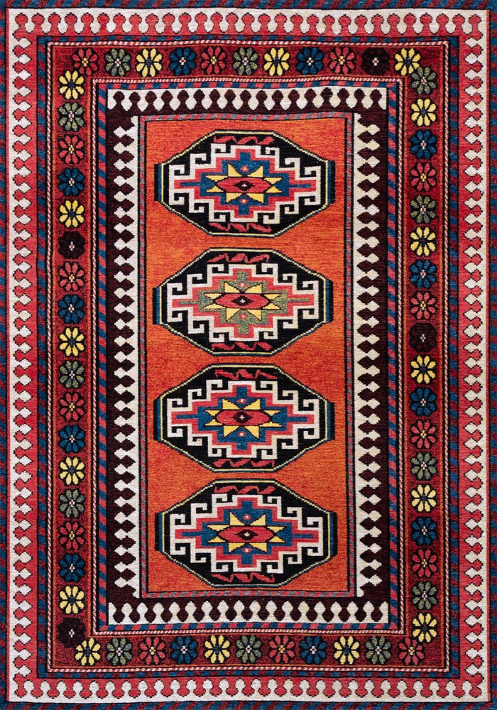 9' X 13' Red And Orange Tribal Washable Area Rug With UV Protection