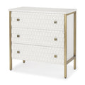 32" White and Gold Wood and Metal Carved Geometric Accent Cabinet With Three Drawers