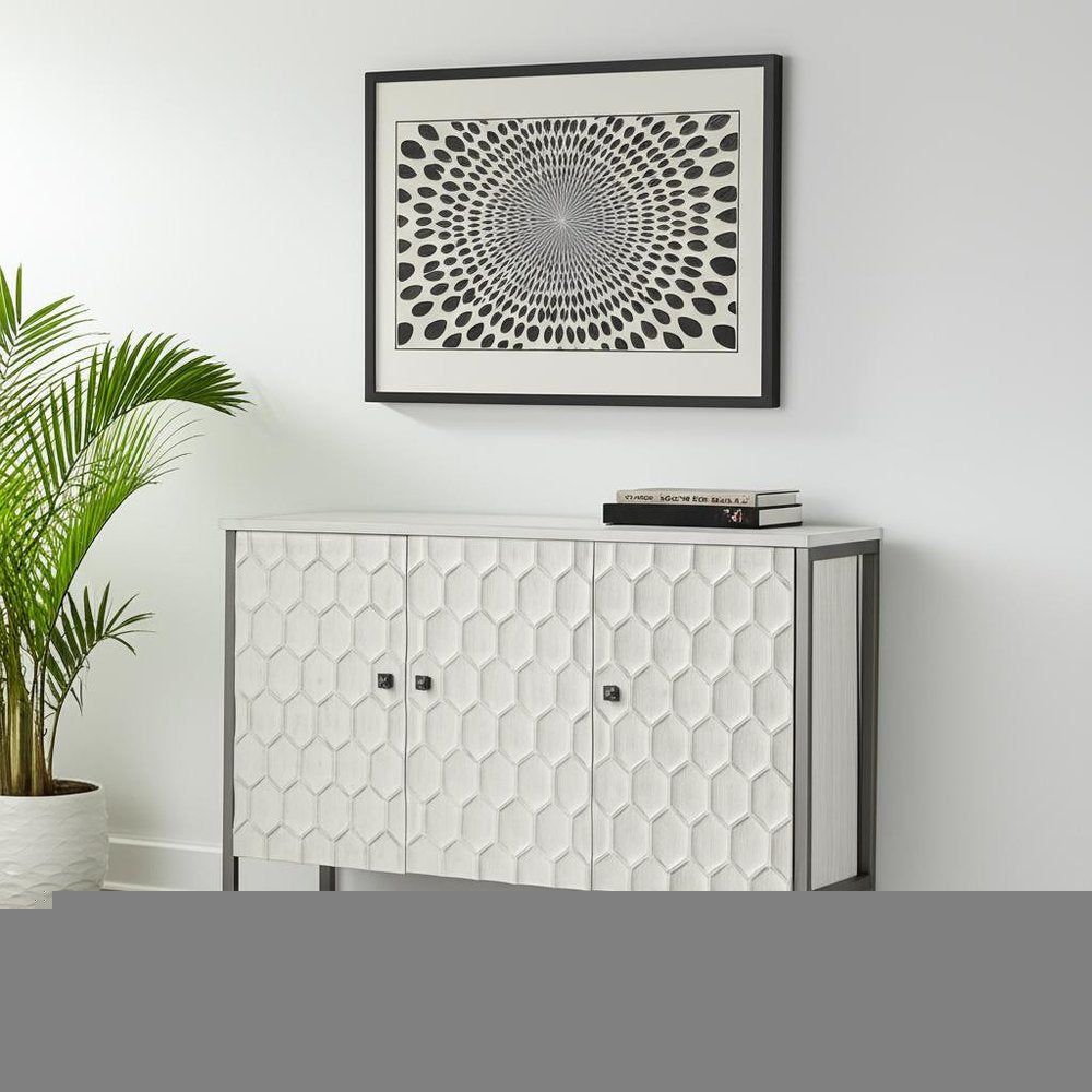 47" White and Gray Wood and Metal Carved Geometric Accent Cabinet With Three Doors