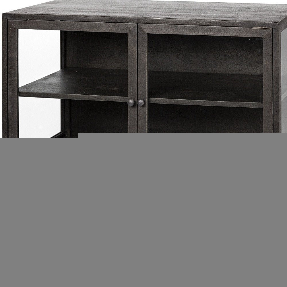 36" Brown and Black Solid Wood and Metal Display Cabinet With Two Doors