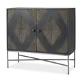 36" Dark Brown and Silver Solid Wood and Iron Carved Geometric Accent Cabinet With Two Doors