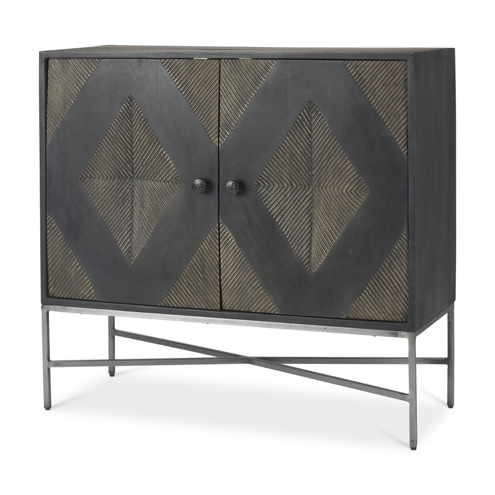 36" Dark Brown and Silver Solid Wood and Iron Carved Geometric Accent Cabinet With Two Doors