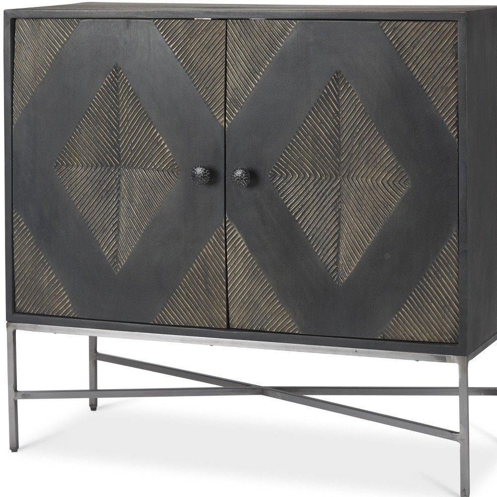 36" Dark Brown and Silver Solid Wood and Iron Carved Geometric Accent Cabinet With Two Doors