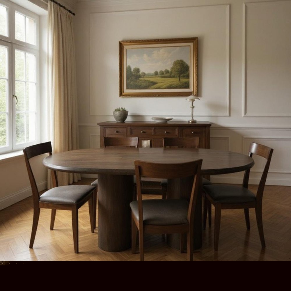 Seven Piece Dark Brown Round Solid Wood Dining Set with Six Chairs