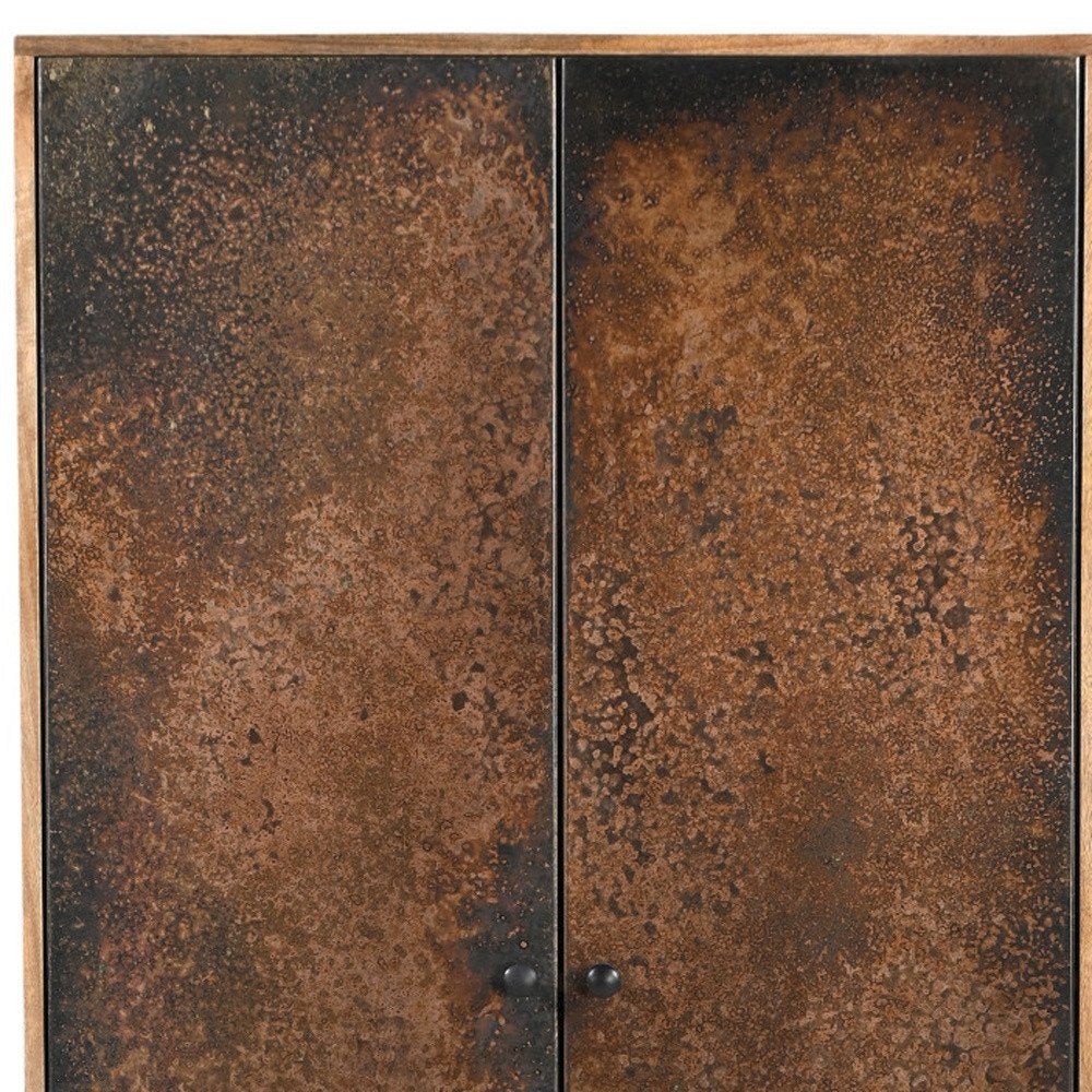 32" Copper and Black Distressed Solid Wood Frame Accent Cabinet With Two Doors