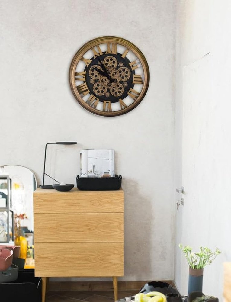 18" Antiqued Gold And Black Metal Silent Skeleton Exposed Gear Round Wall Clock