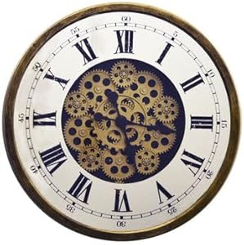 18" Antiqued Gold White And Black Metal Silent Skeleton Exposed Gear Round Wall Clock