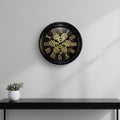 13" Black Orange And Gold Metal Silent Skeleton Distressed Exposed Gear Round Wall Clock