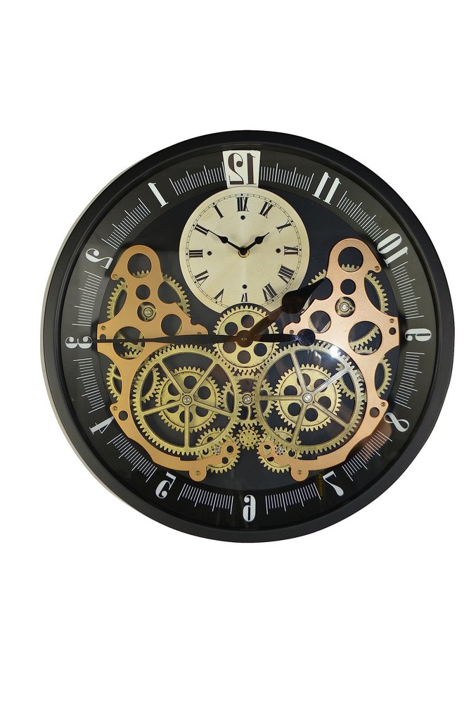 18" Black Gold And White Metal Silent Skeleton Exposed Gear Round Wall Clock