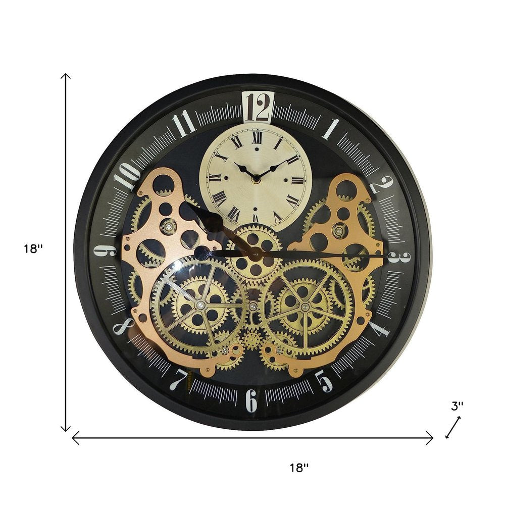 18" Black Gold And White Metal Silent Skeleton Exposed Gear Round Wall Clock