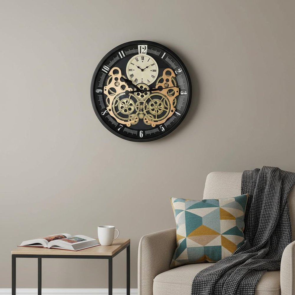 18" Black Gold And White Metal Silent Skeleton Exposed Gear Round Wall Clock