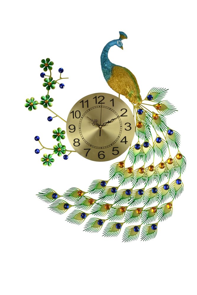 27" Gold Blue And Green Metal Silent Analog Peacock Novelty Wall Clock