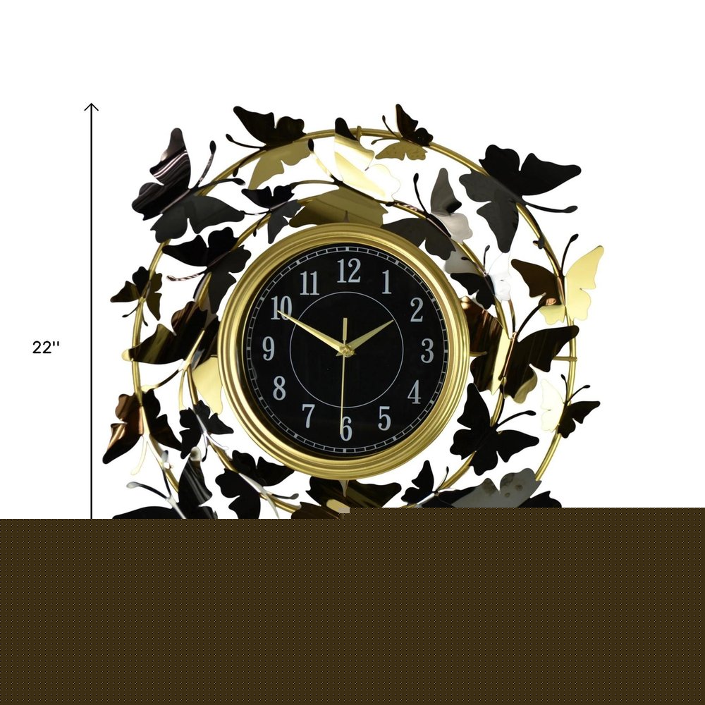 22" Gold Silver And Black Metal Silent Analog Butterfly Round Wall Clock