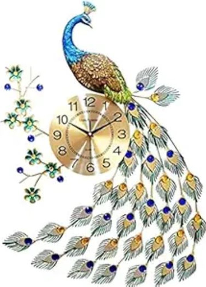 31" Blue Green And Gold Metal Silent Analog Peacock Novelty Wall Clock