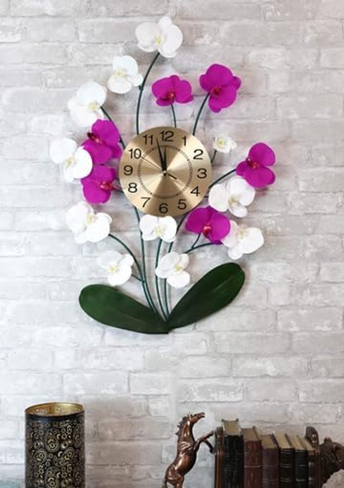 30" Purple White And Gold Metal Silent Analog Floral Novelty Wall Clock