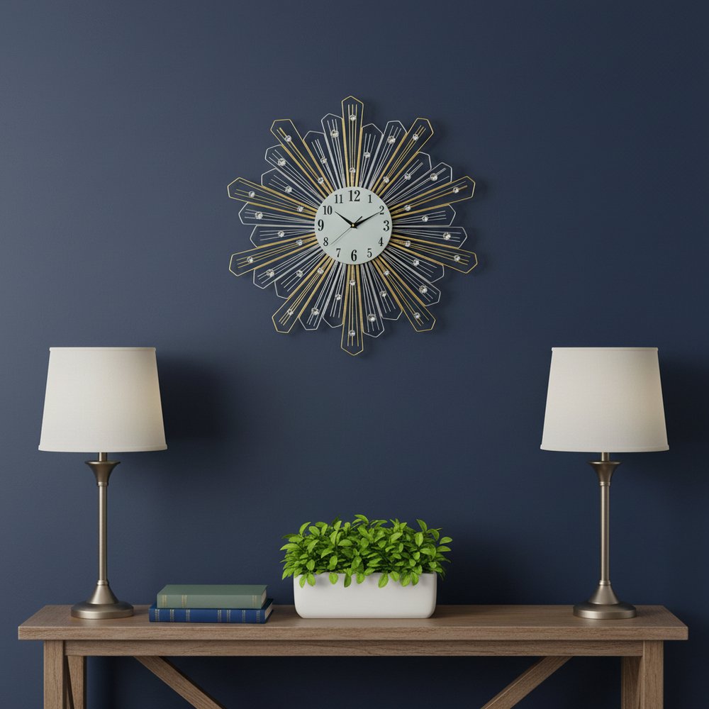 27" Gold Silver And Metal And Faux Crystals Silent Analog Sunburst Wall Clock