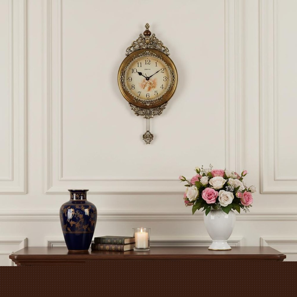 15" Gold And Silver Resin Silent Pendulum Ornate Round Wall Clock