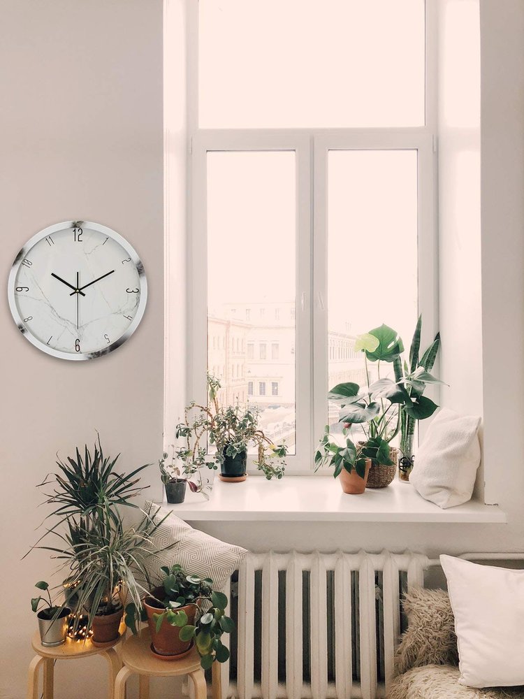 16" White And Black Heavy Duty Plastic Silent Analog Marble Round Wall Clock