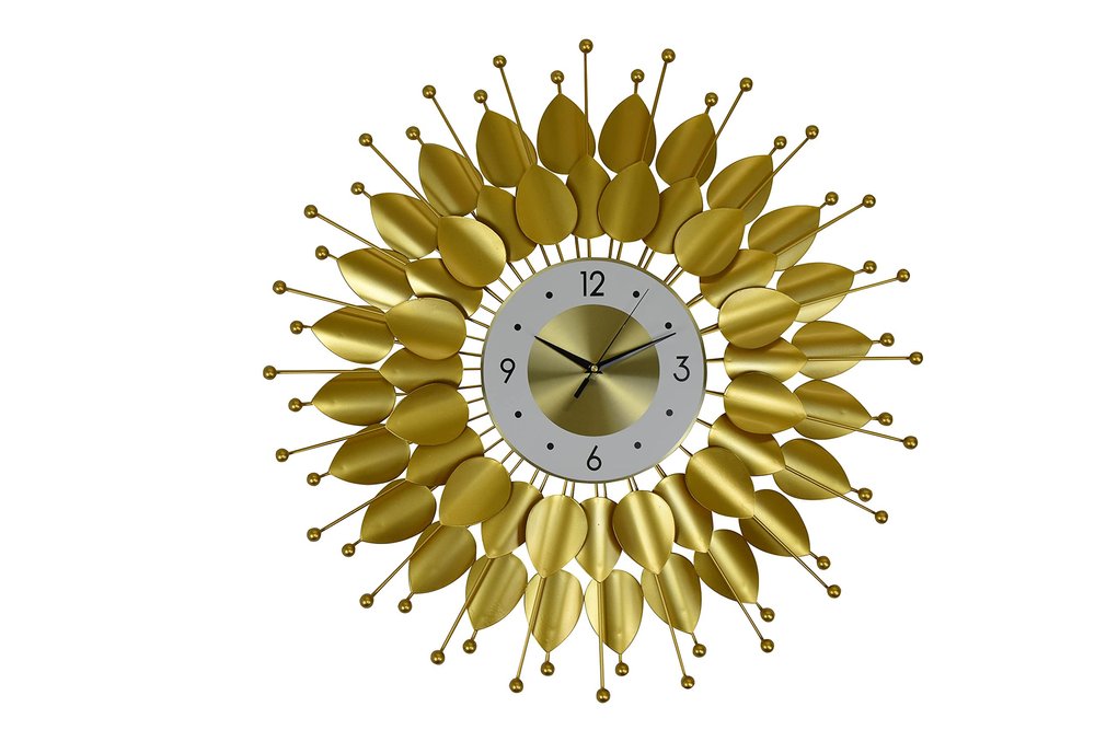 28" Gold And White Metal Silent Analog Floral Sunburst Wall Clock