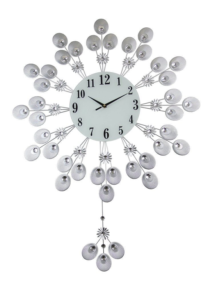 27" Silver And White Metal Silent Pendulum Starburst Wall Clock